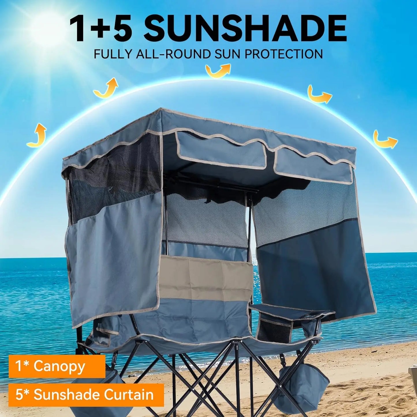 Double Camping Chair with Removable Canopy, Cup Holders & Cooler Bag for Beach, Fishing, Outdoor Use