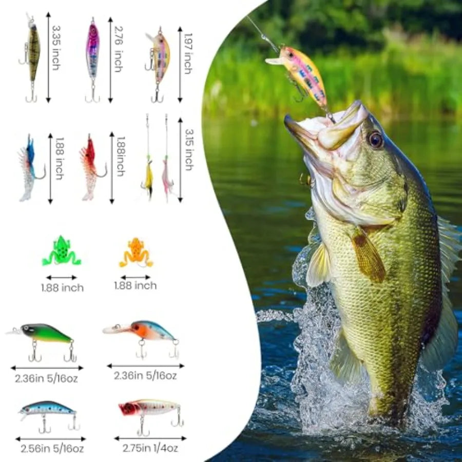 24-Piece Fishing Lure Kit Tackle Box Set - Premium Bass Lures Variety Pack with Poppers, Minnows, Frogs and Soft Baits - Freshw