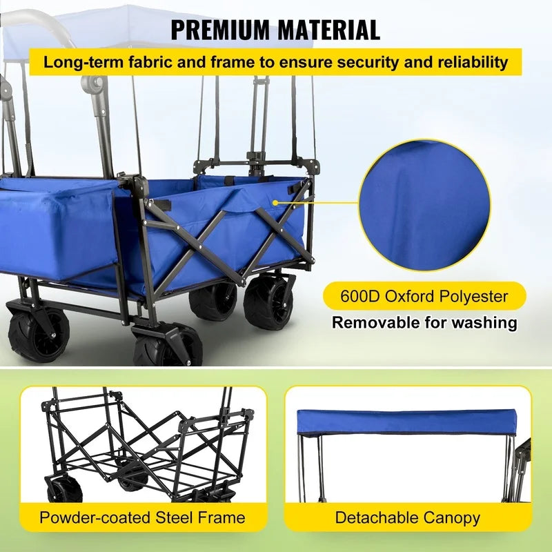 Blue Collapsible Garden Cart with Removable Canopy, Folding Wagon for Garden, Camping, Grocery, Shopping