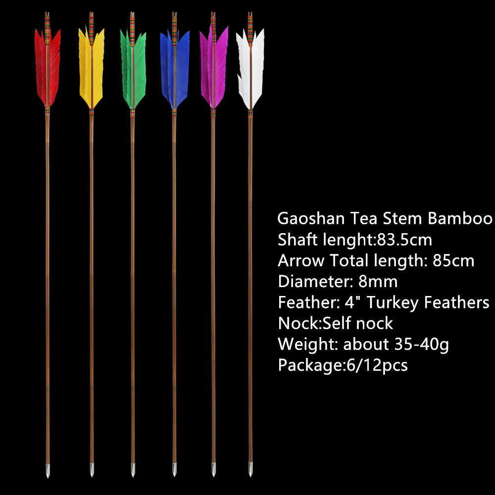 Turkey Feather Bamboo Arrows 6/12pcs 33.4" OD 8mm Slotted Nock Precision Balanced Shaft for Traditional Compound Recurve Bow Hunting Shooting Practice Archery Accessories