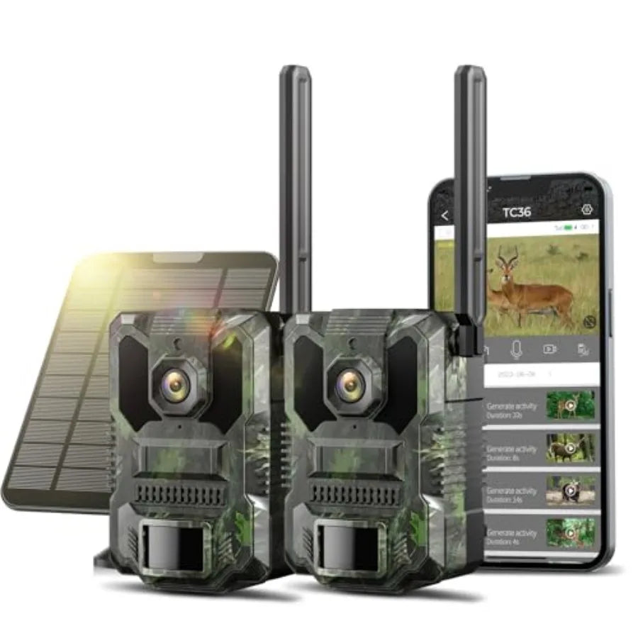 Hunting outdoor trail camera 2-pack: 2.5K HD, 4G LTE cellular with built-in SIM, solar panel, 4-area-in-1 screen, night vision,