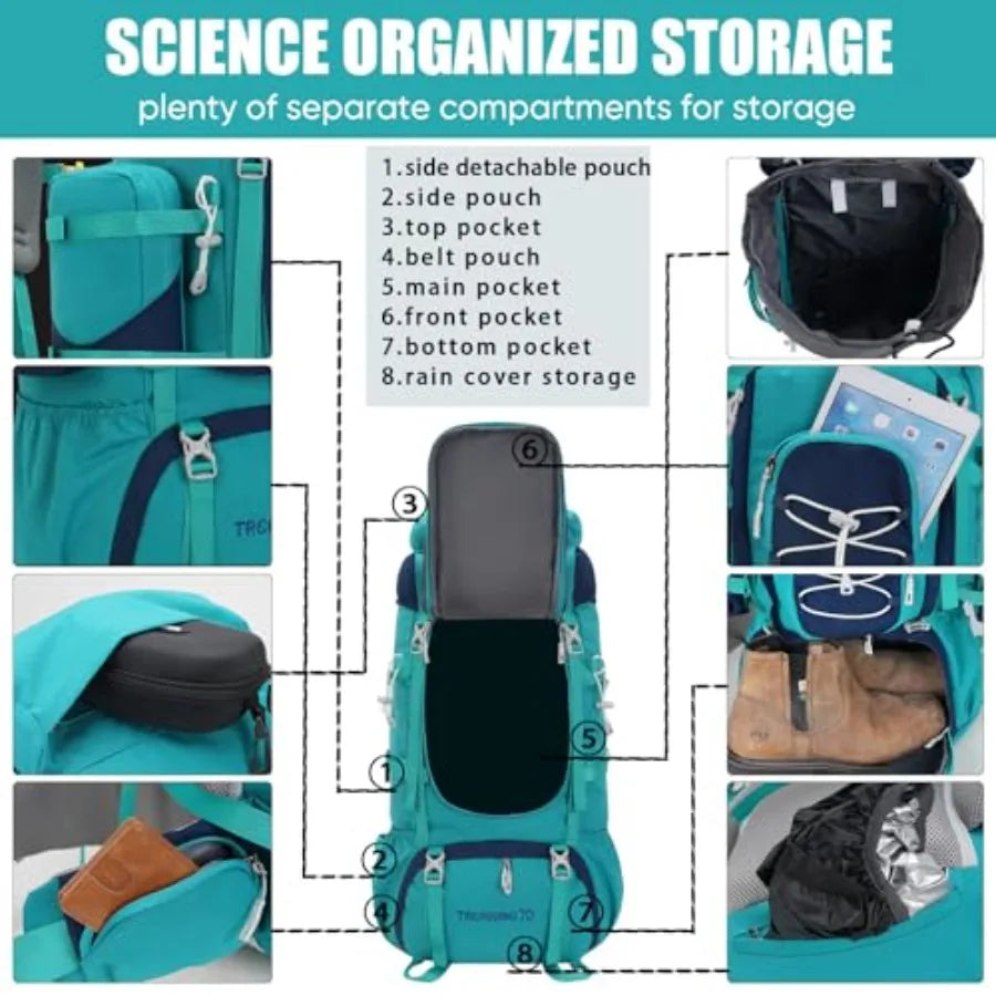 70L 65+5 Waterproof Hiking Camping Backpack with Rain Cover, Outdoor Sport Travel Daypack for Climbing Touring