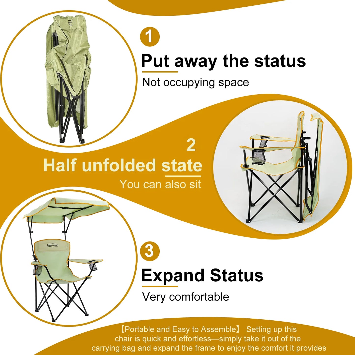 2-piece set of foldable camping chairs with sunshade, Double cup holder outdoor lawn chair, Heavy-duty portable folding chair