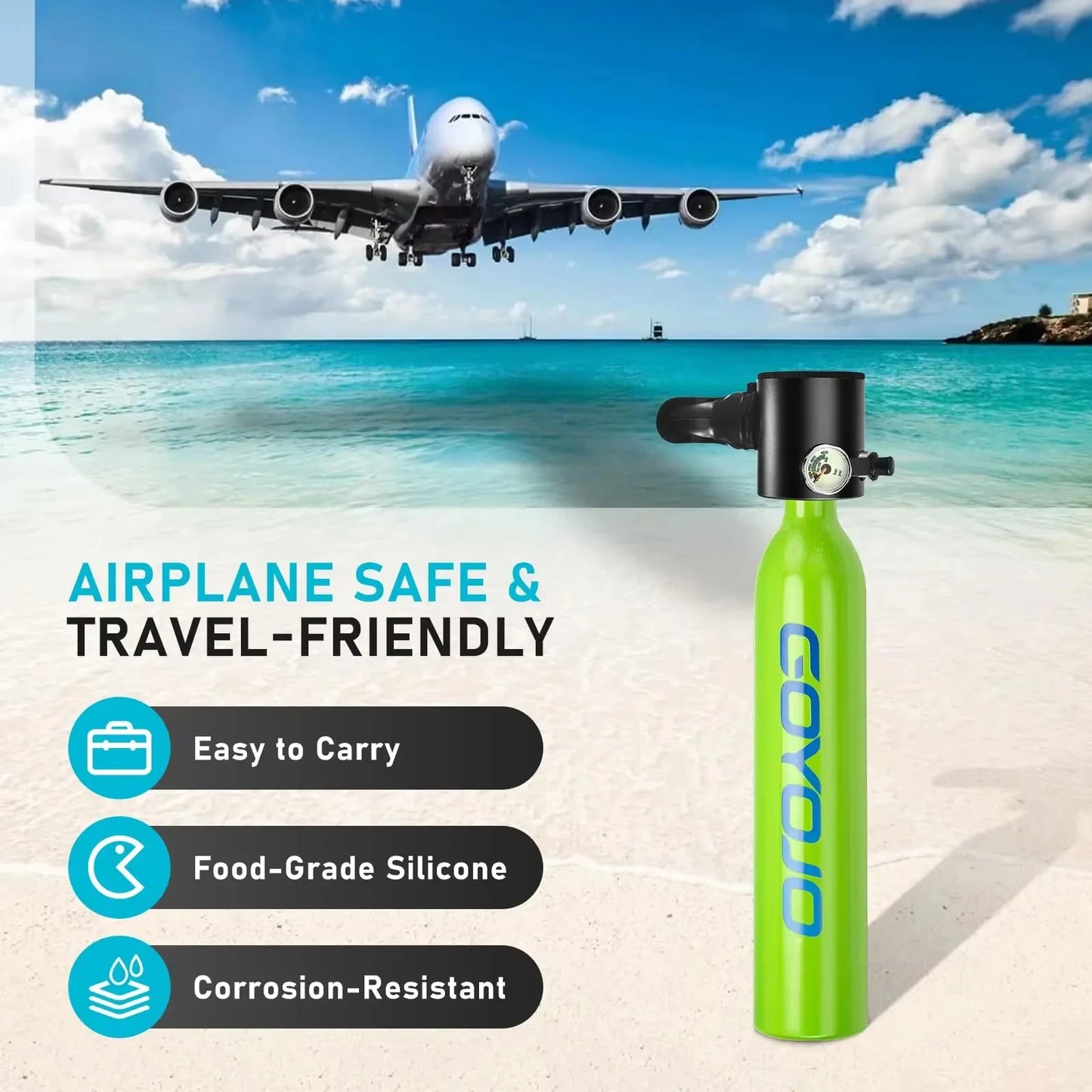 GOYOJO Mini Scuba Tank 0.5L Portable Reusable Diving Tank With  flashlight Emergency Diving Cylinder for Snorkeling, Freediving, Boat Cleaning & Air Backup Lightweight & Compact Design Pony Bottle