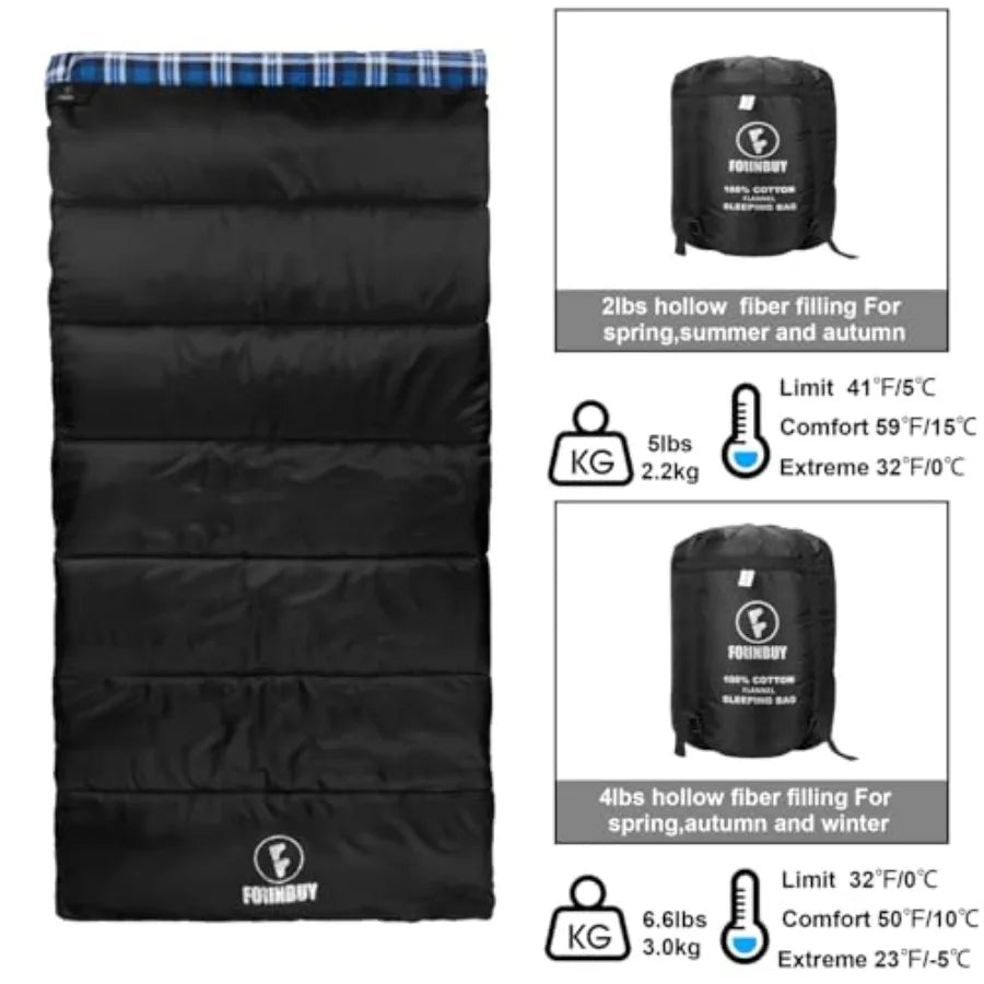 Flannel Sleeping Bag Cold Weather for Adults XL Camping Cotton Sleeping Bag 4 Season Big and Tall, Waterproof with Compression