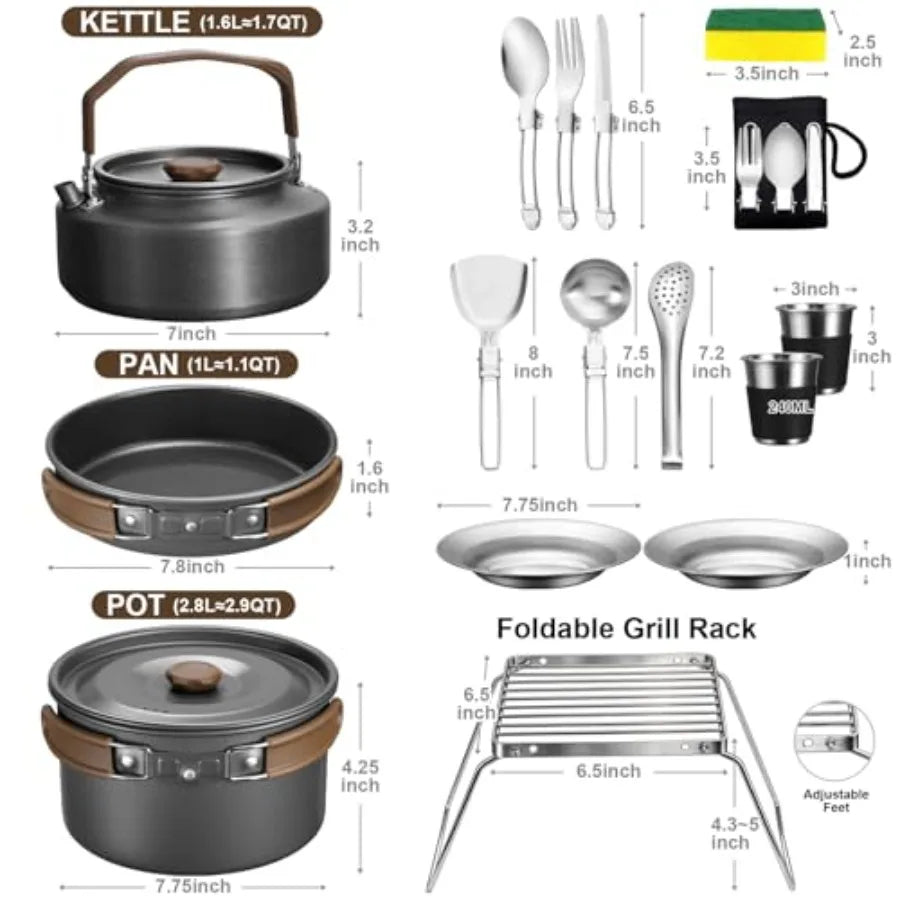 Camping cookware mess kit for outdoor backpacking and open fire cooking: aluminum nonstick 7.8-inch pot, pan, kettle, grill gra
