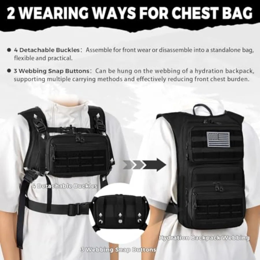 Tactical Hydration Backpack with 2L Water Bladder and Front Small Tactical Pouch, Outdoor Water Backpack for Men Women, Sports