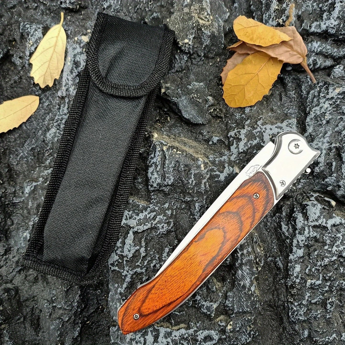 12" Large Folding Pocket Knife, EDC Knife, Stainless Steel Blade and Wooden Handle Folding Knife for Men Outdoor Camping Hunting