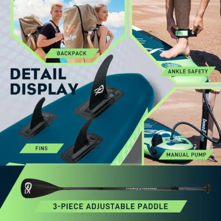 InnoExpo 11' Inflatable Stand Up Paddle Boards with Premium Accessories Wide Stable SUP Paddle Board Design Non-Slip Comfort De