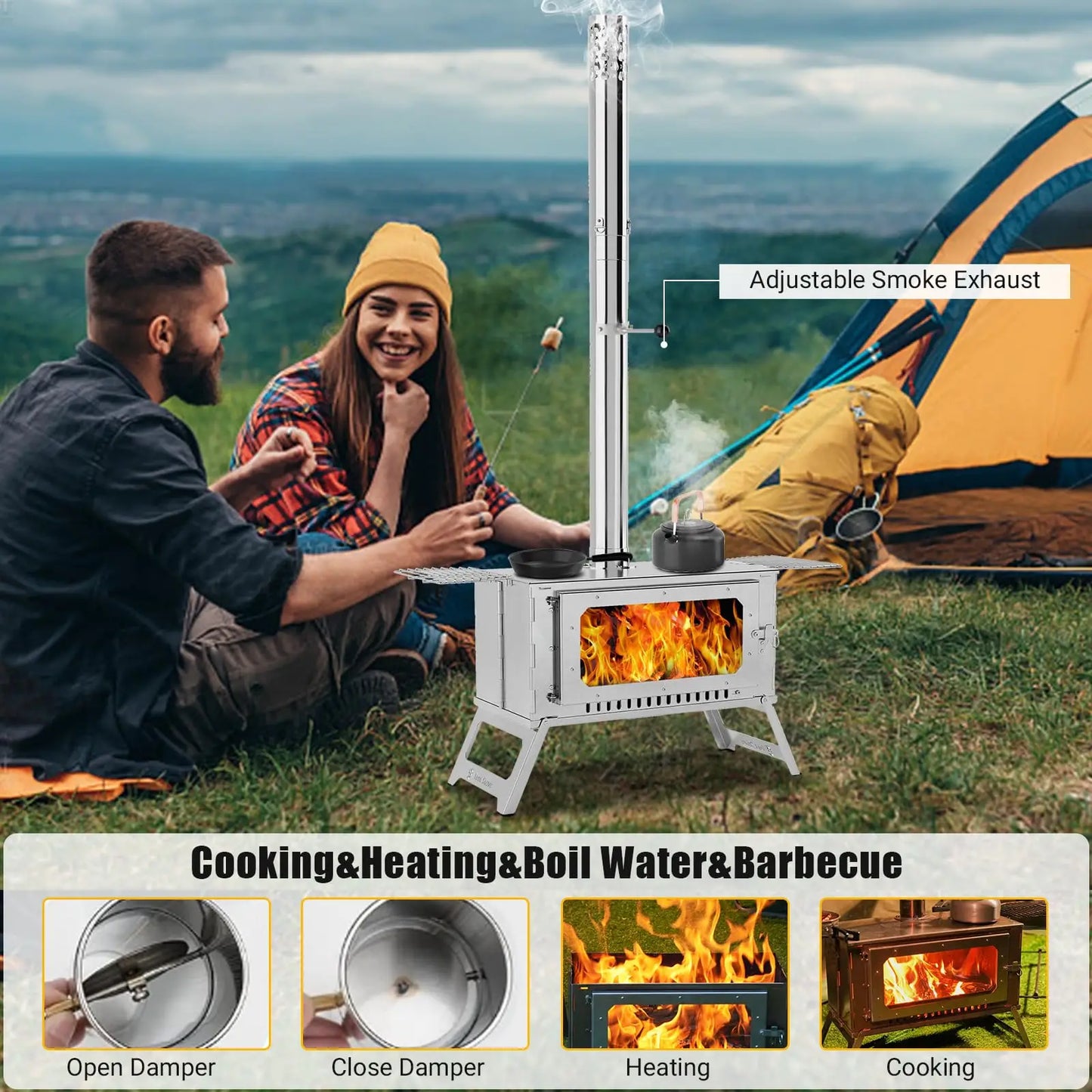 Portable Hot Tent Stove,Wood Burning Stove for Camping, Tent Stove With View Glass, Large Stainless Steel Camping Stove With 5 Chimney Pipes and 3 Shelfs for Outdoor Heating and Cooking
