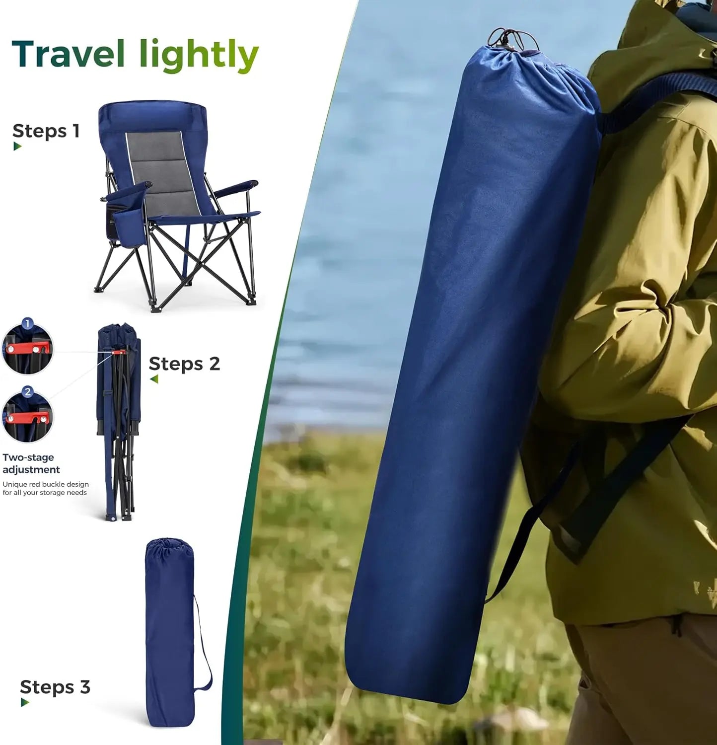 Oversized Folding Camping Chair High Back Heavy Duty 500 LBS Capacity with Cup Holder Side Pocket Portable for Outdoor