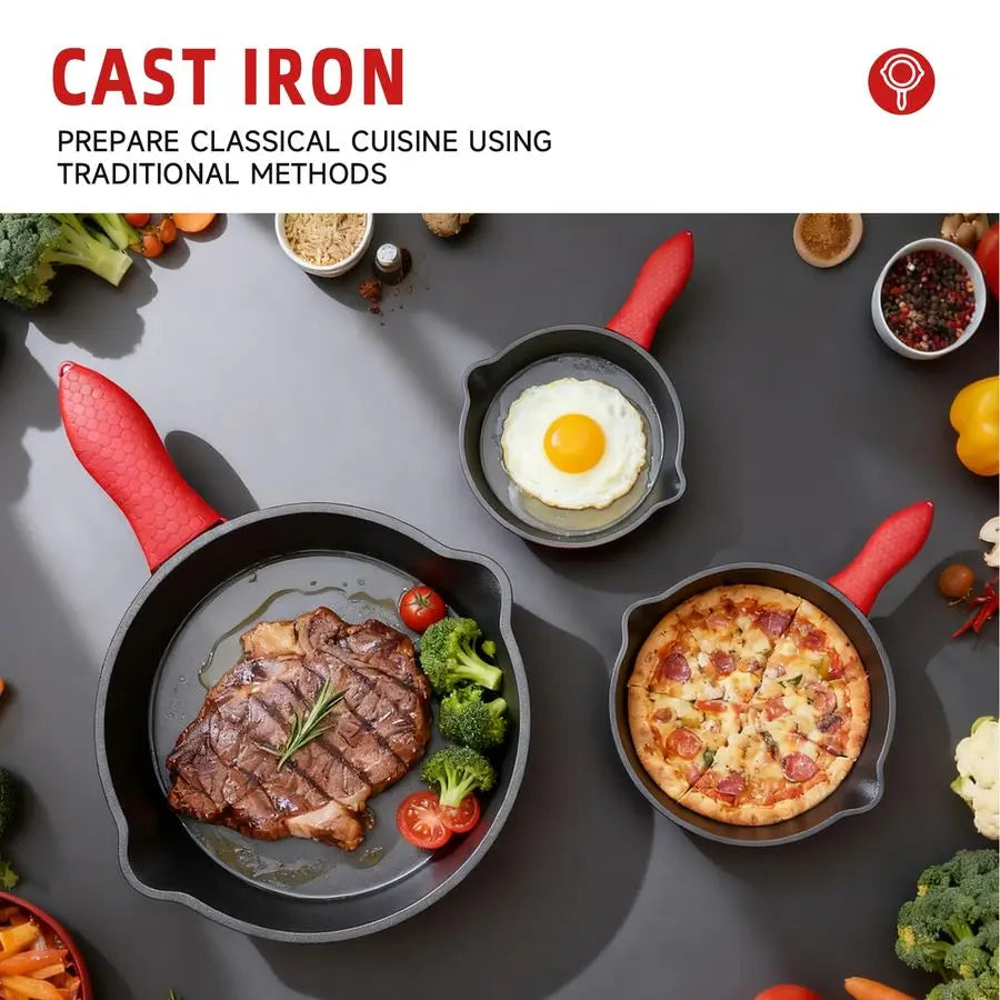 piece set, cookware set 6, 8, 10 Inches, for frying, saute, ampmore, easy use in the oven, stove, grill, or campfire, black, wit