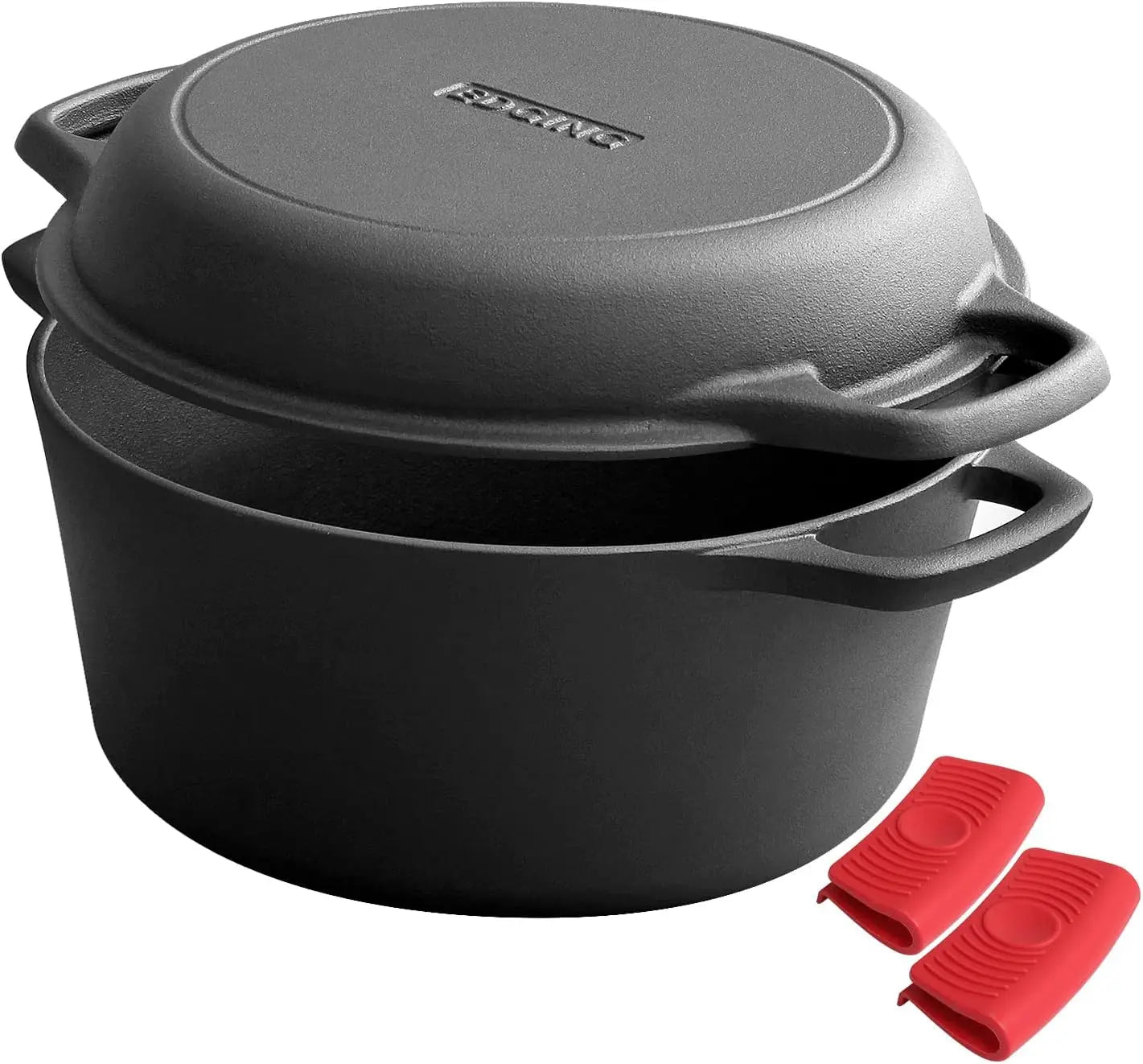 Pre-Seasoned Cast Iron Dutch Oven with Skillet Lid, 2-in-1 Cooking Pan Set, 7QT Dual Handles for Baking, Frying, Camping