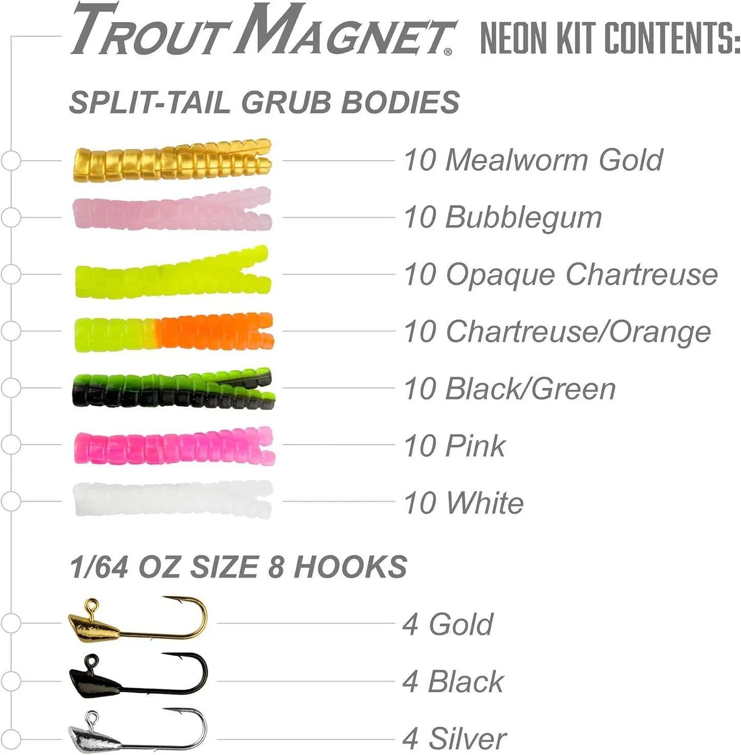 Neon Fishing Grub Bodies Kit 70pcs + 12 Hooks, Trout Magnet Lures for Freshwater Bass Panfish Crappie, Horizontal Fall Jig Set for Tackle Box