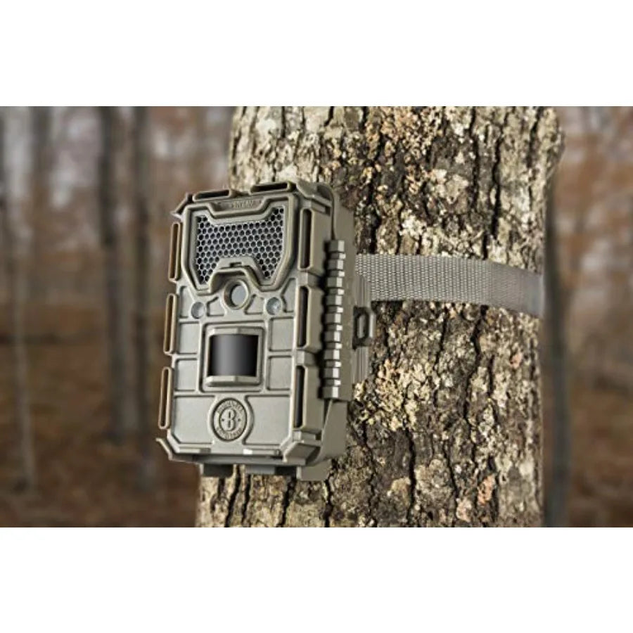 Trail camera for outdoor wildlife monitoring, brown camouflage housing with weather-resistant plastic, discreet design and long