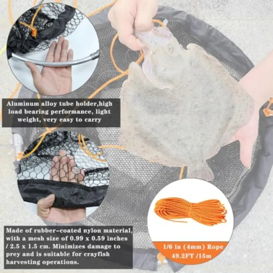 Foldable Bridge and Pier Fishing Landing Net - High Load-Bearing Aluminum Ring Drop Net for Saltwater Freshwater - Collapsible