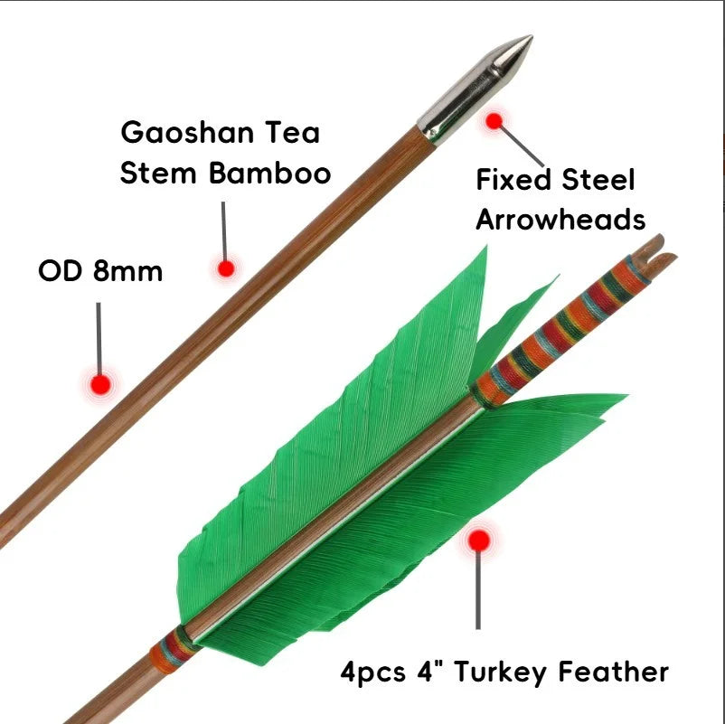 Bamboo Arrows 12pcs 33.4" OD 8mm with 4" Turkey Feather Slotted Nock 6 Color Archery Arrows for Traditional Longbow Compound Recurve Bow Hunting Shooting Target Practice Accessories