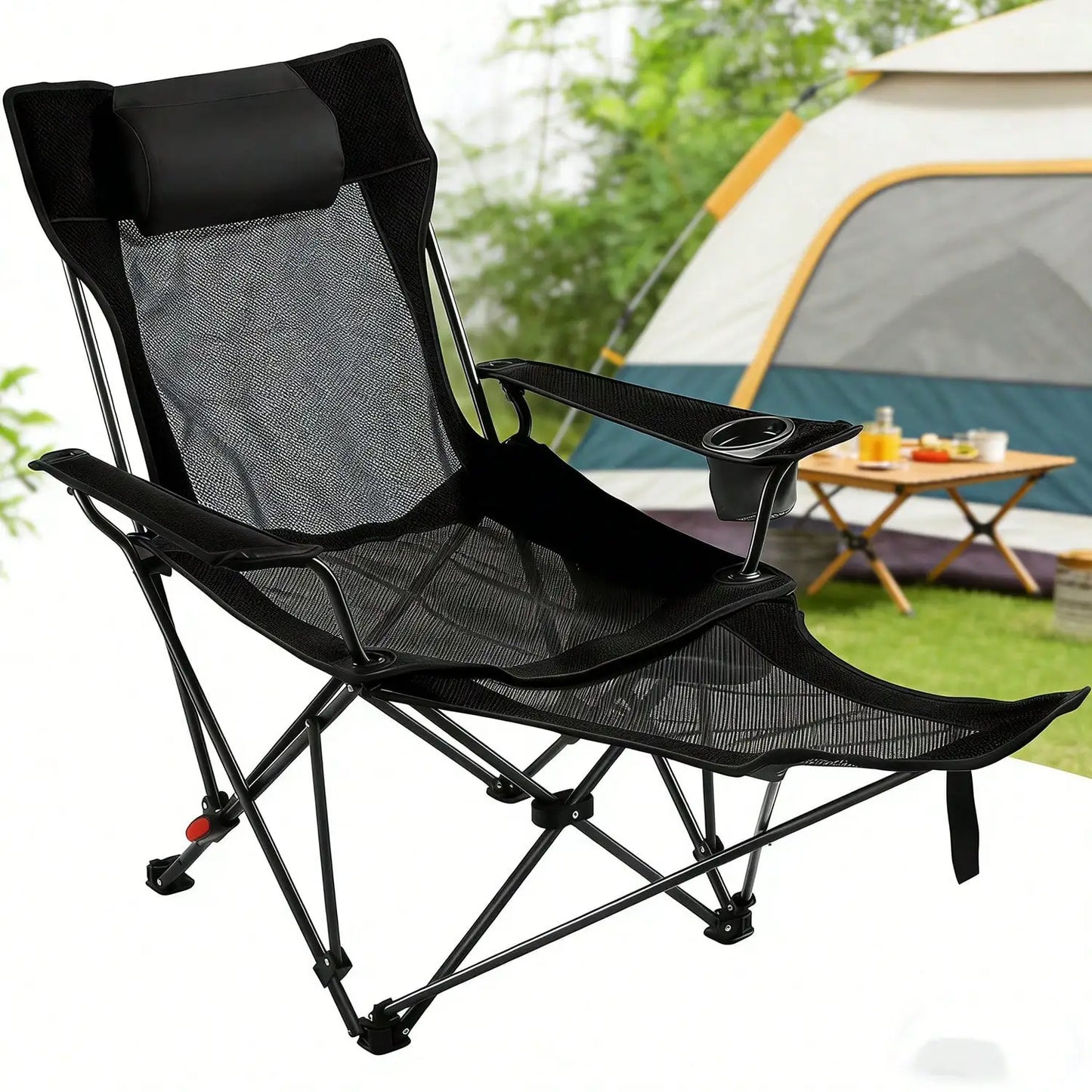 Oaskys 2-In-1 Reclining Camping Chair With Footrest, Portable Folding Lounger For Adults, Mesh Beach Chair With Headrest & Foot