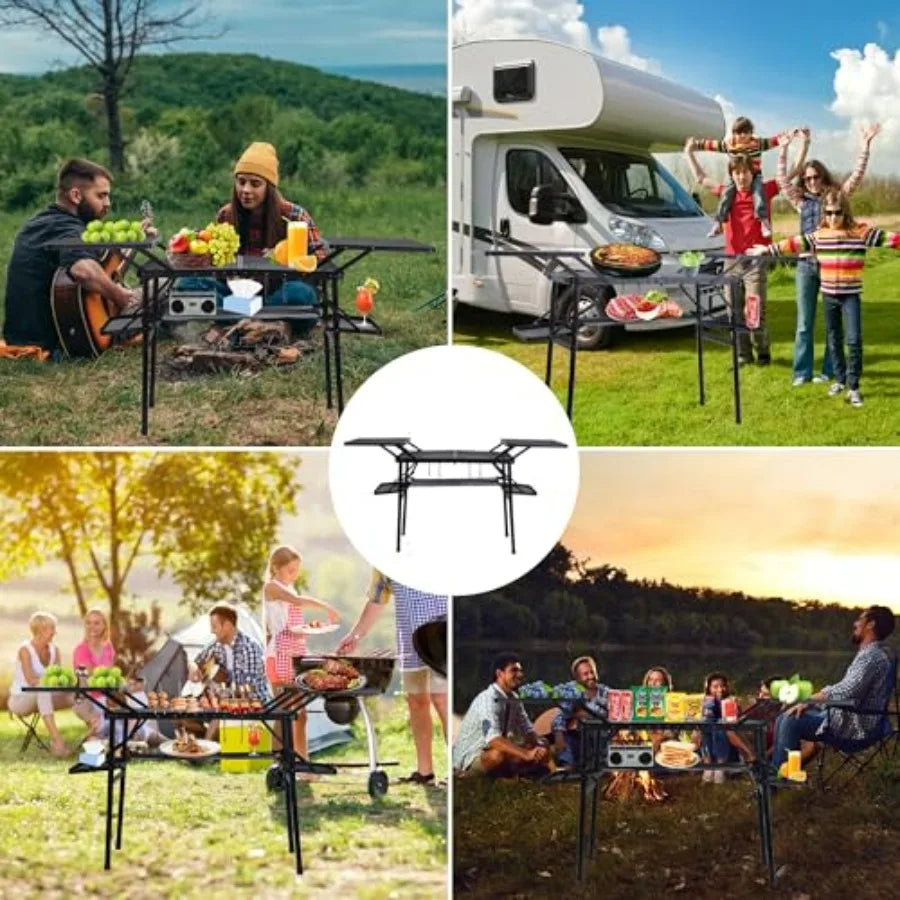 Camping Table, Compact Folding Tailgate Grill Table, Outdoor Metal Tables, Fold Up Lightweight with 4 Side Tables and Mesh Net