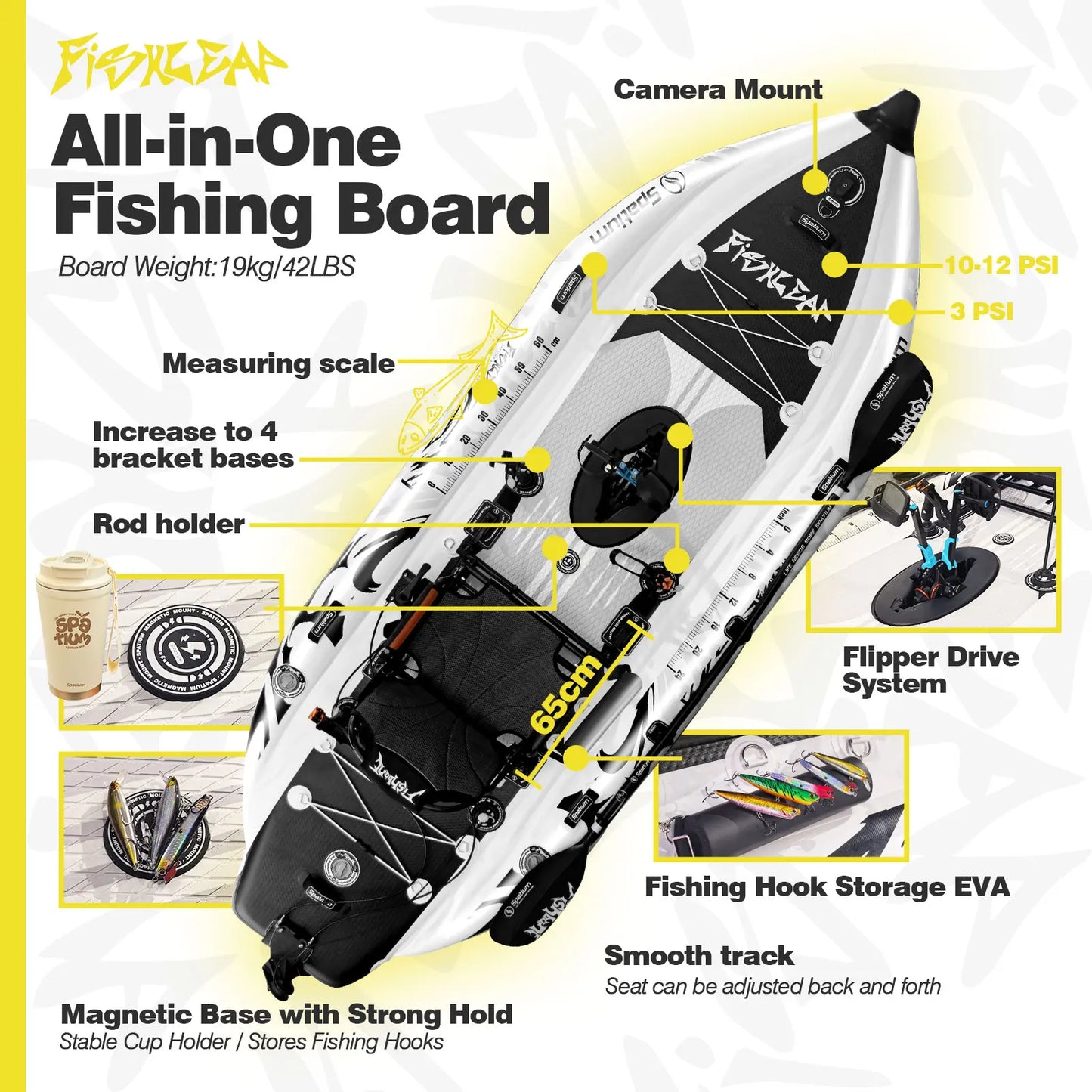 Spatium 11.5ft Flipper Pedal Drive Fishing Inflatable Kayak with Motor, Fishing Board Hull for Shallow-Water Navigation,360°Rotatable & Adjustable Seat