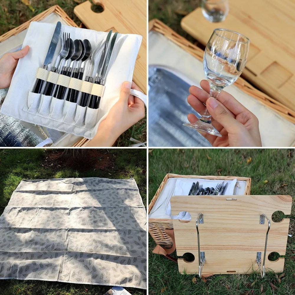 Wicker Picnic Basket Set for Four with Folding Wine Table Insulated Cooler and Cutlery Kit