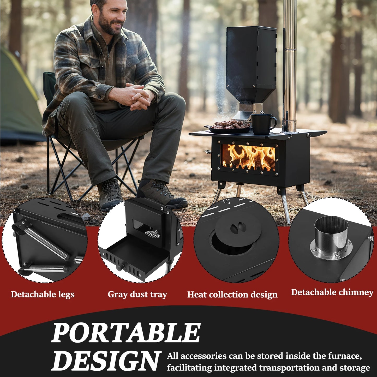 Burning Tent Stove Hot Tent Stove with Stainless Steel Construction Burner Chimney Pipes Included for Outdoor Cooking & Heating