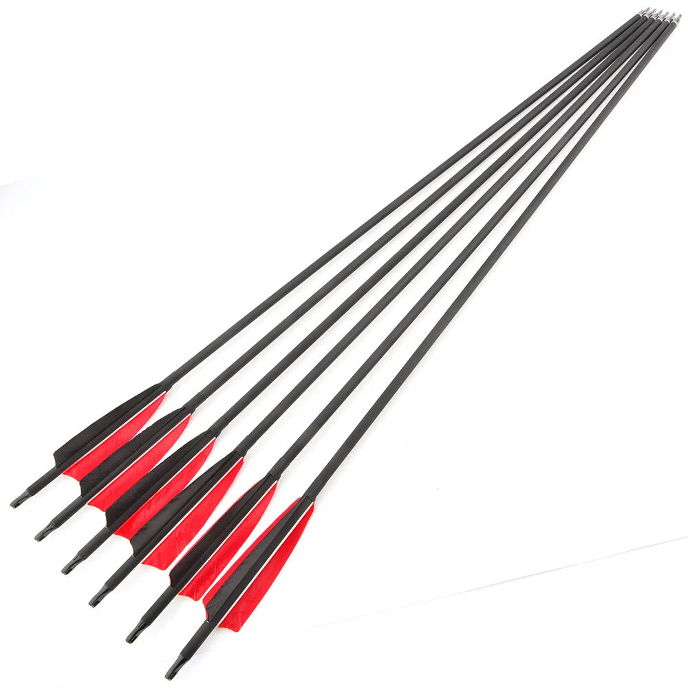 Archery Carbon Arrows 12pcs Spine 500 ID6.2mm OD7.8mm 100 Grain Points 4 Inch Turkey Vanes for Compound Bow Shooting