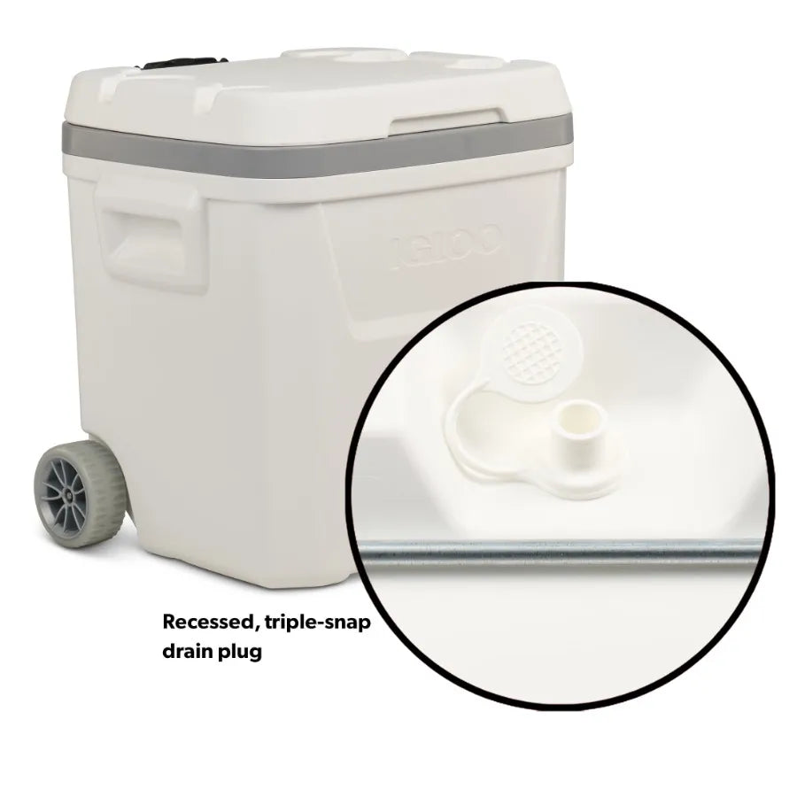 Marine ice chest cooler for outdoor use, polyethylene material, white color, 60-quart capacity with wheels for easy mobility