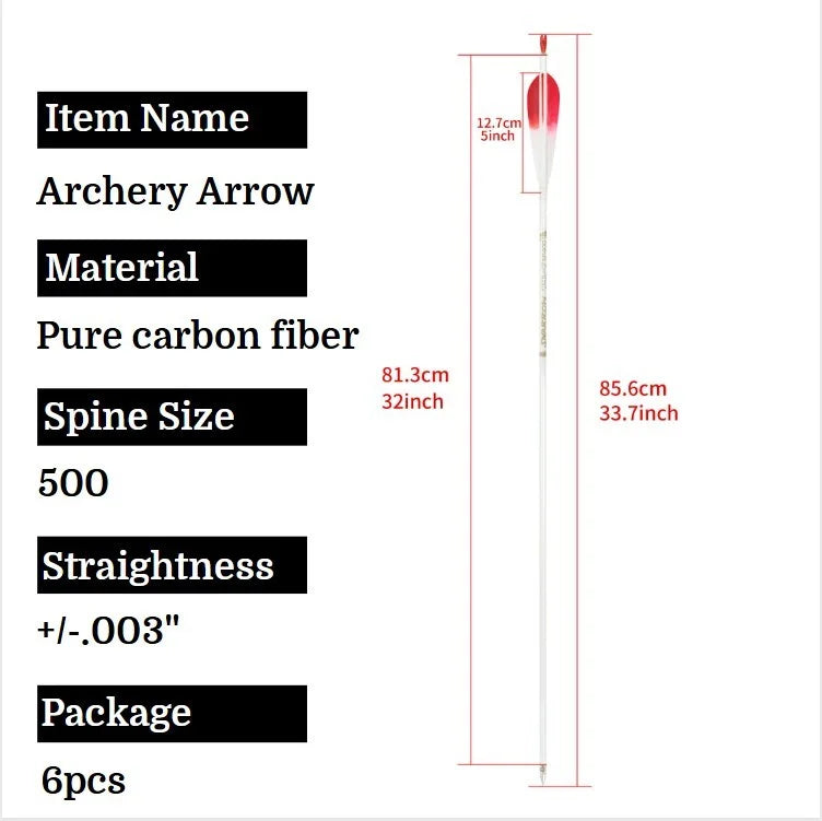 6pcs Archery Pure Carbon Arrows Color Feather Spine 500 Arrow Shaft +/- 0.003 Recurve Compound Bow Hunting Shooting Target Arrow