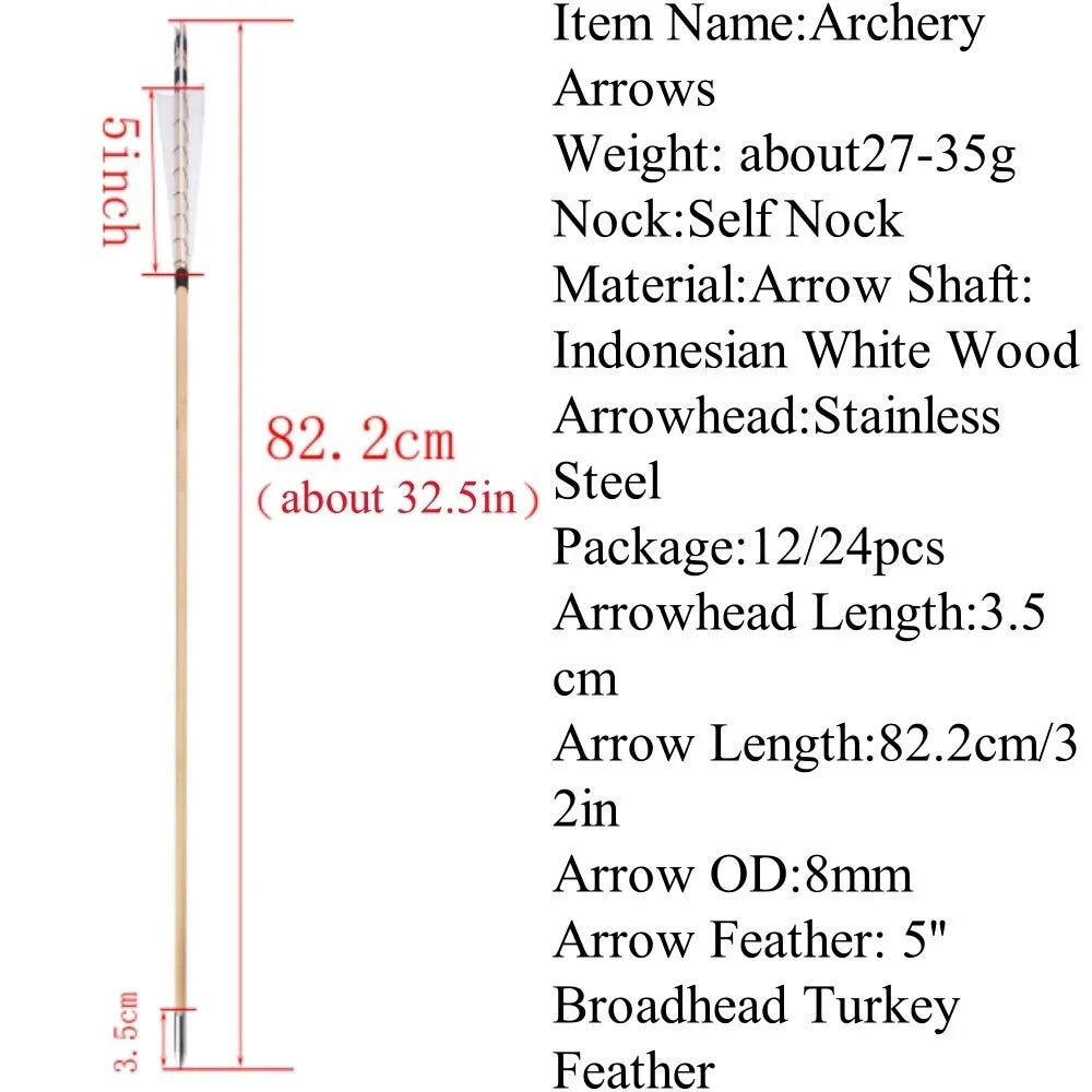 Wooden Arrows 12Pcs, 8mm Shaft with 5" Turkey Feathers, Traditional Arrows for Longbow & Recurve Bow, Ideal for Hunting, Shooting & Target Practice Accessories