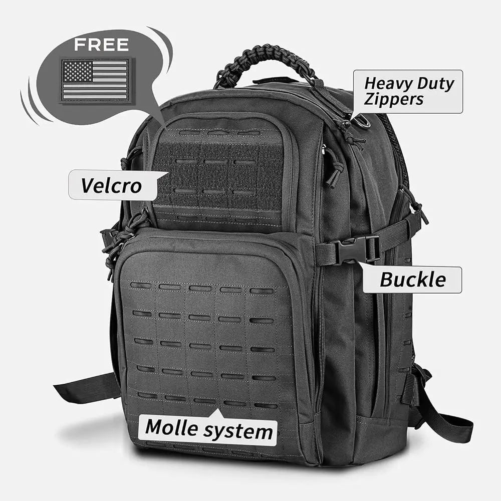 45L Black 3-Day Military-Grade Tactical Backpack with MOLLE System for Camping and Outdoor Adventures