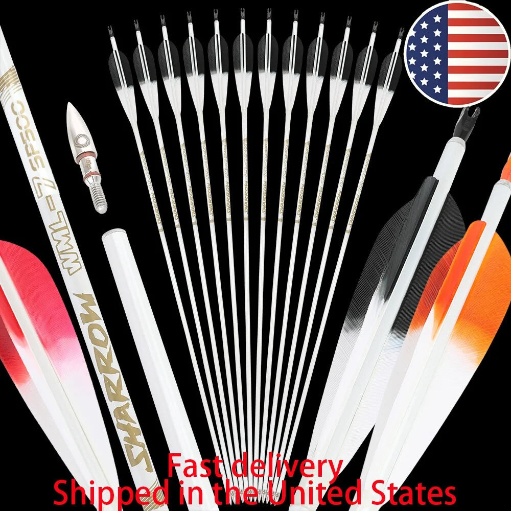 Archery Pure Carbon Arrow Color Feather Spine500 Shaft +/-0.003 Archery Recurve Compound Bow Hunting Shooting Target Arrows,6pcs