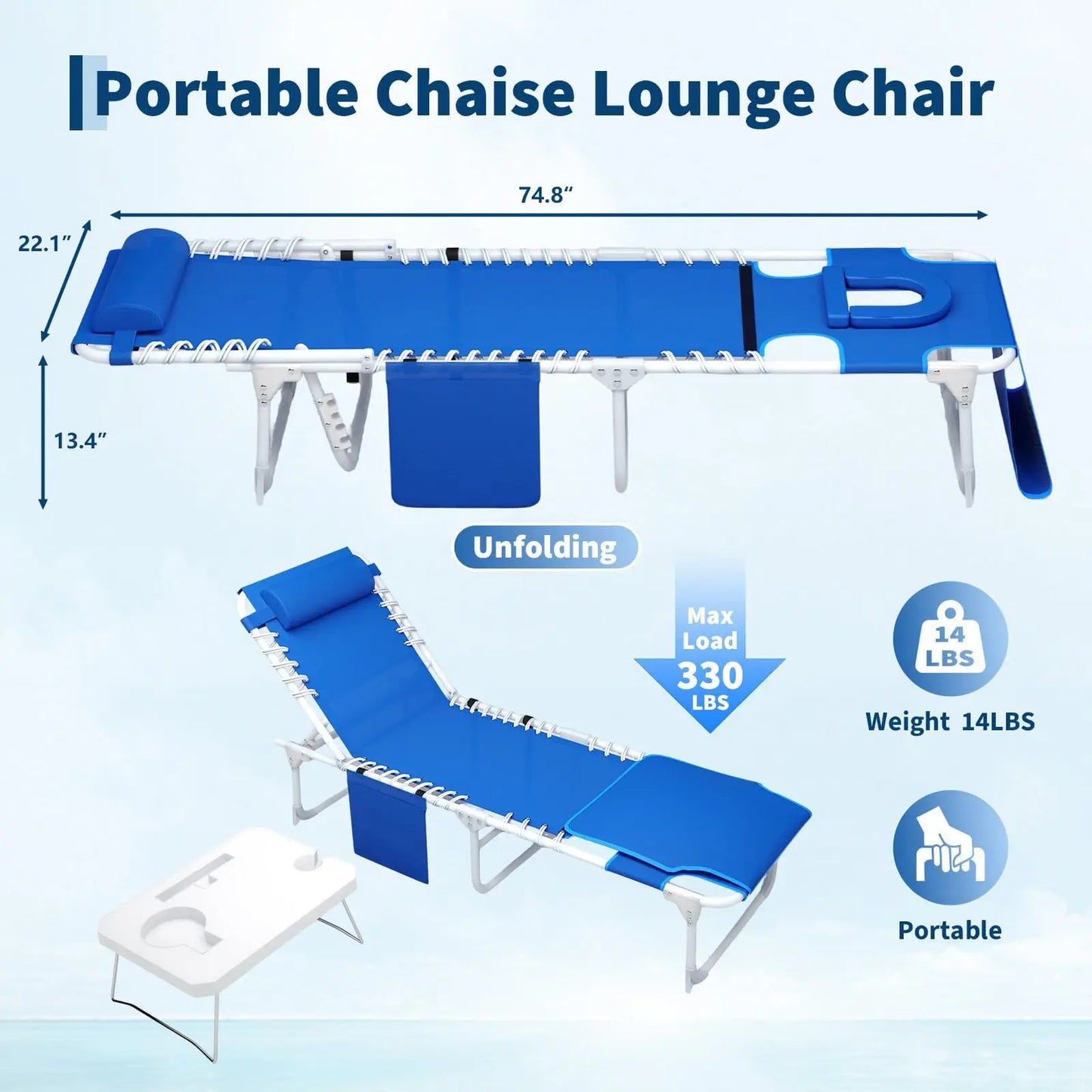 Tanning Chair With Face Hole 3-in-1 Beach Lounge Chair, 5-Position Reclining Outdoor Chaise With Table For Pool Patio Garden Deck