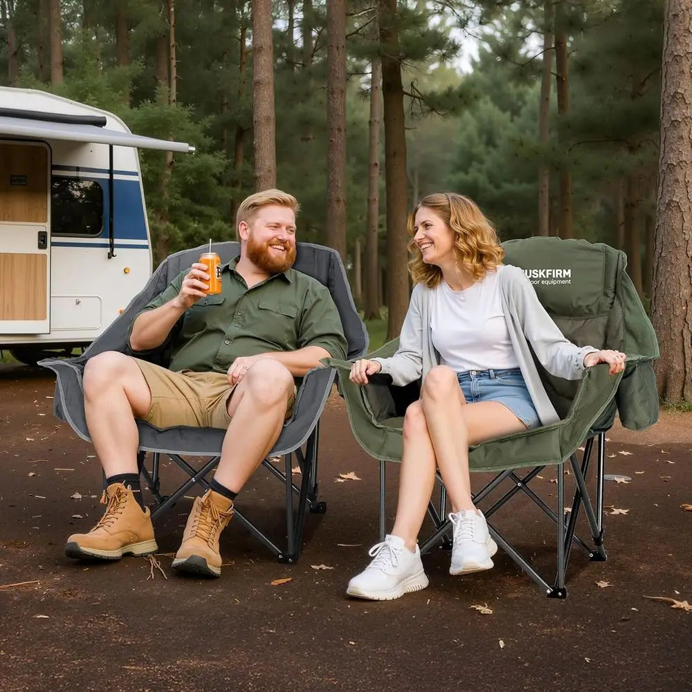Oversized Padded Camping Chairs with Cup Holder and Cooler Bag, Heavy-Duty Portable Lawn Chairs for Outdoor Sports, Supports 450