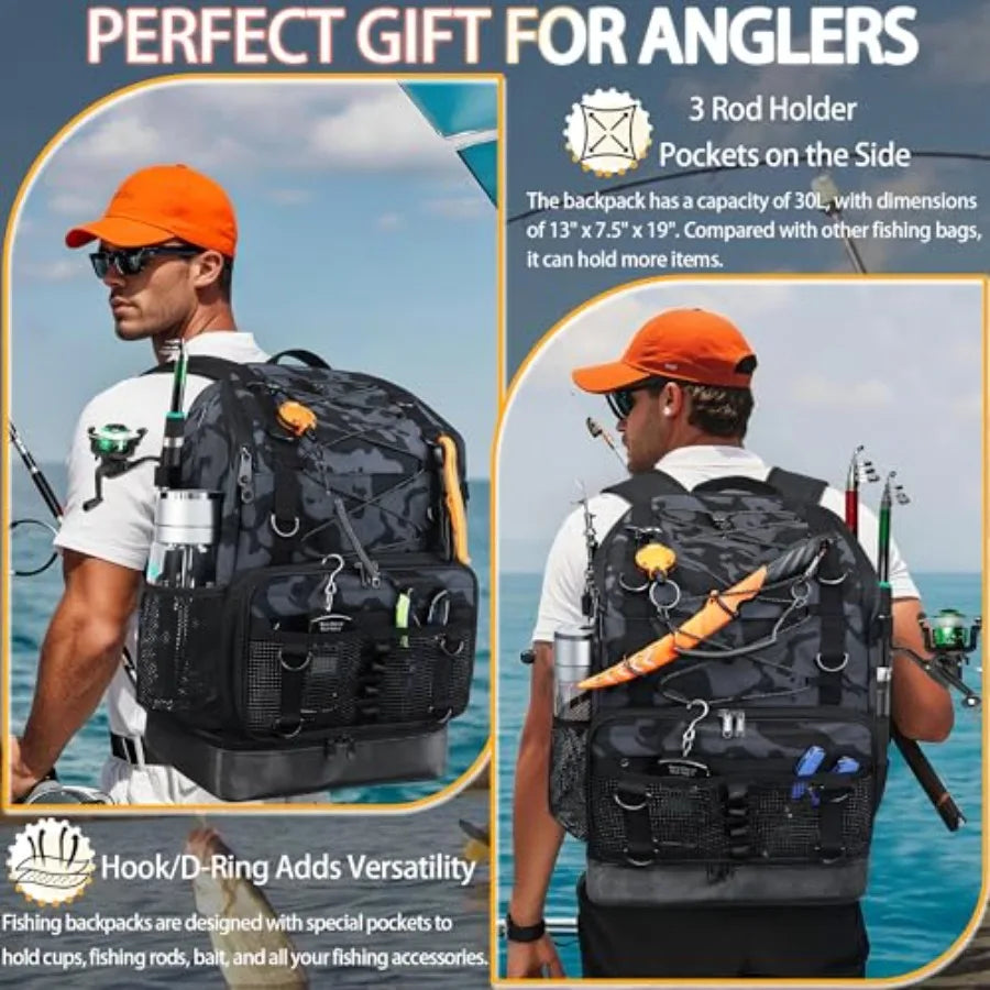 Fishing Backpack with Rod Holder Heavy Duty Fishing Bag with Waterproof Bottom Tackle Backpack Gifts for Man Woman