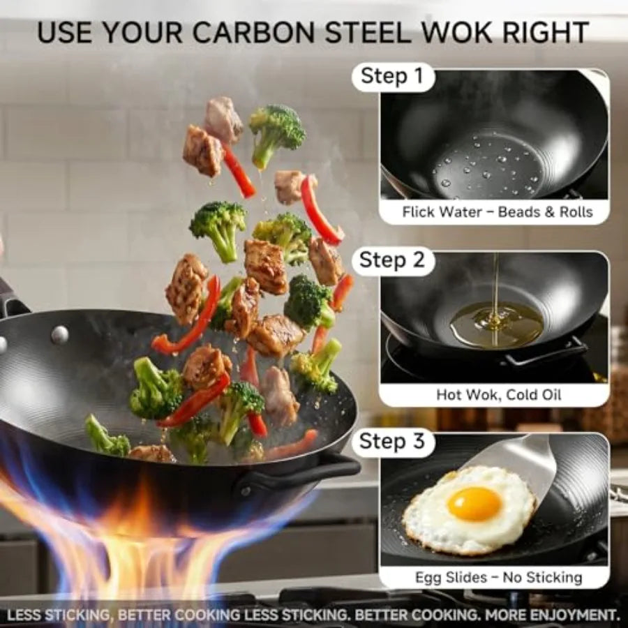 13.5" Carbon Steel Wok Pan - Pre-Seasoned Flat Bottom Woks and Stir-fry Pans Chinese Cookware with Lid and Spatula - For Pan-fr