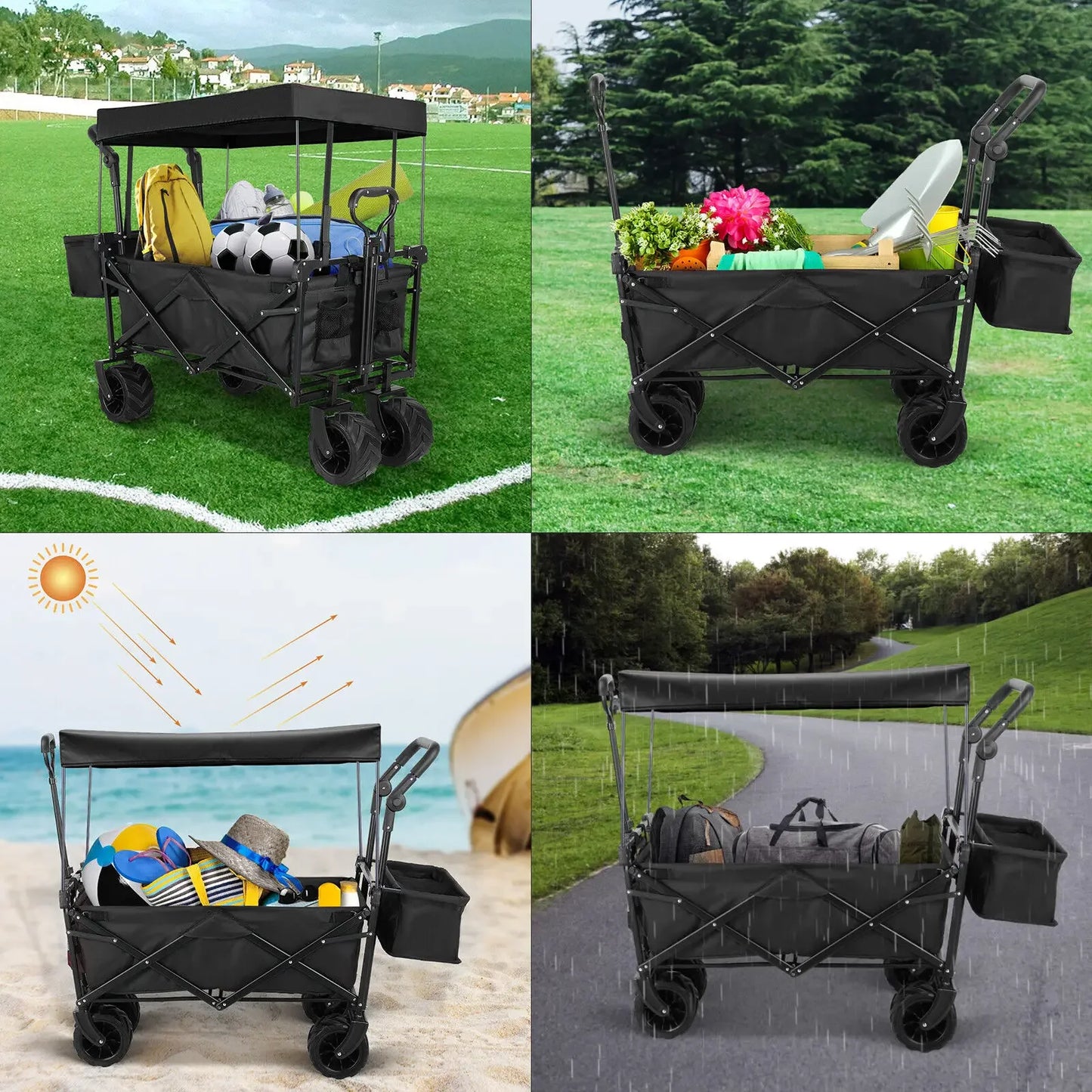 Foldable Caravan Folding Wagon Cart Garden Trolley with Detachable Canopy Portable Camping Beach Utility