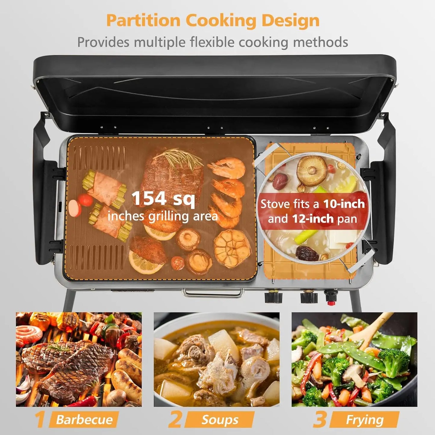 20,000 BTU Portable Propane Grill & Camping Stove, 2-in-1 BBQ Cooker with Wind Guard, Detachable Legs, for Outdoor Cooking