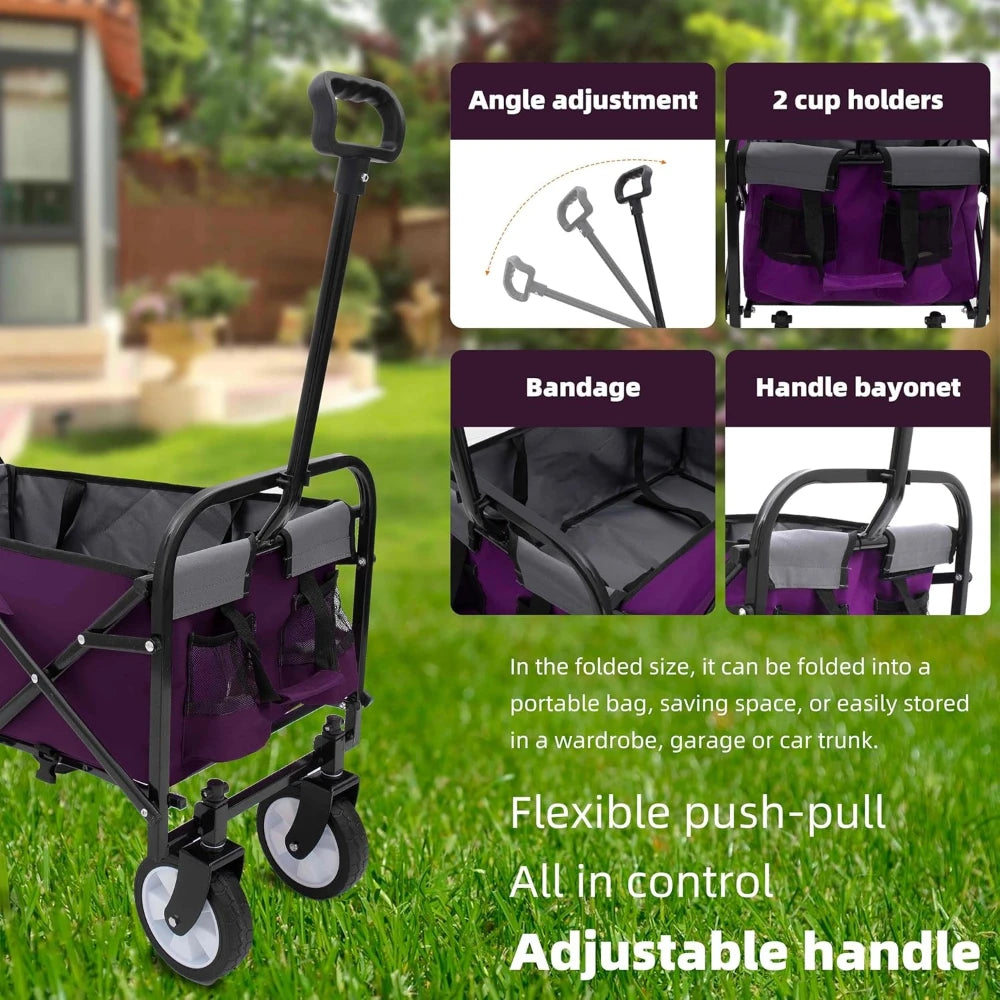 Outdoor Multi-Purpose Wagon Cart with Strap System, Supports 225lbs, for Shopping, Camping, Beach, Sports, Garden, Purple