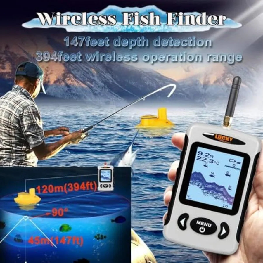 Handheld fish finder for boat and kayak use, ABS plastic body in black, wireless transducer with LCD depth display, portable an