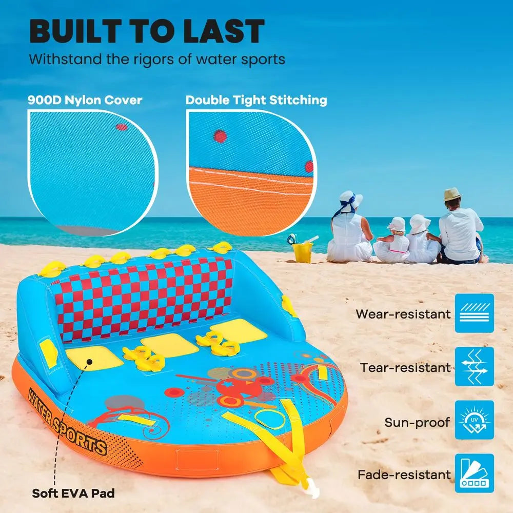 Towable Tube for Boating, 2 3 Riders Inflatable Boat Tube for Water Sports to Pull, Boat Tubes with EVA Seat Pads, Dual Tow Poi