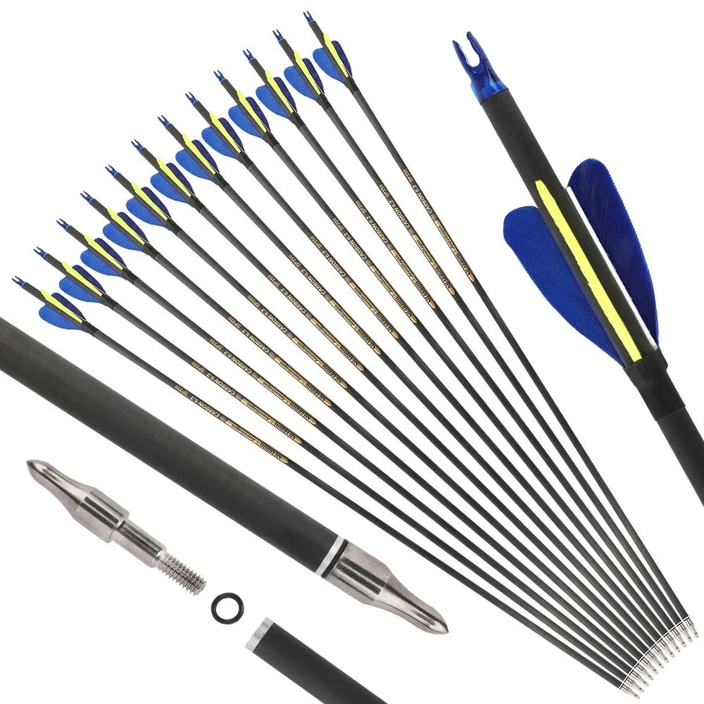 Carbon Arrows 32 Inch Spine 500/600 Pure Carbon Shaft with 2 Inch Feathers for Outdoor Hunting Shooting Compound Recurve Bow