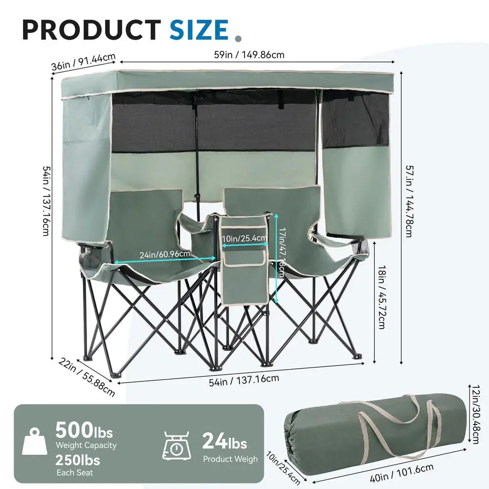 Beach Chair with Canopy Shade Oversized Camping Chairs with Canopy, Cooler Bag amp Cup Holder Folding Loveseat for Camp Fishing
