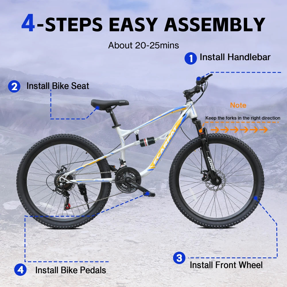 A2670 26 Inch Mountain Bike with 21-Speeds & Full Suspension Steel Frame, Alloy Rims, Disc Brakes For All Terrains, Men & Women, Multiple Colors