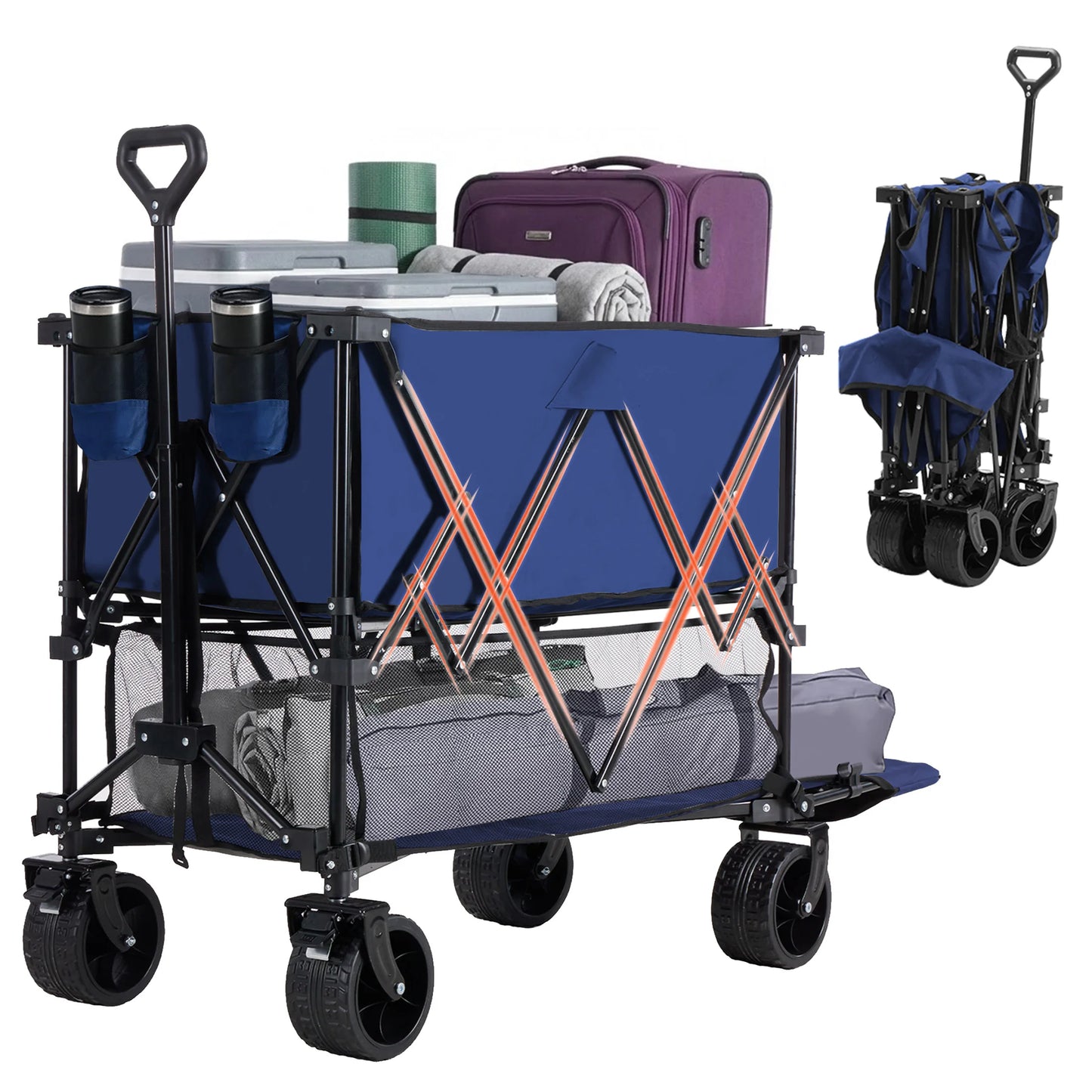 JHK Outdoor Double Decker Wagons Cart 440 lbs Large Capacity Collapsible Foldable Garden Beach Cart for Grocery Garden Camping