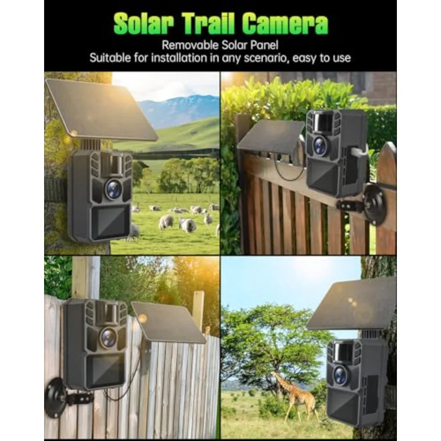 Trail Camera for wildlife hunting: solar-powered 4K 64MP with 5000mAh battery, 64GB SD card, IP67 waterproof housing, black alu