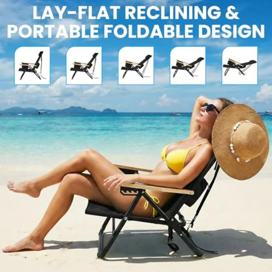 Portable beach chair for adults: lightweight outdoor camping chair with wooden armrests, black color, 5-position reclining flat