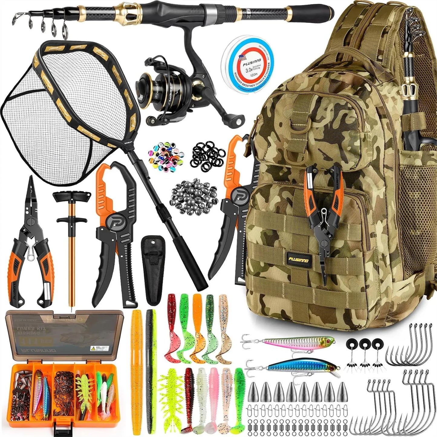Fishing Rod and Reel Combo with Backpack, Net, Tackle Box Kit for Freshwater and Saltwater Fishing Gear for Men