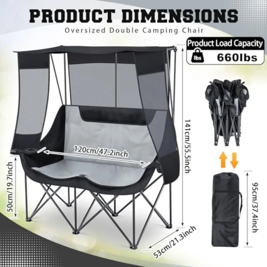 Double Camping Chair with Canopy Shade 660lbs Heavy Duty Beach Chair Portable Folding 2 Person Camping Loveseat with Cup Holder
