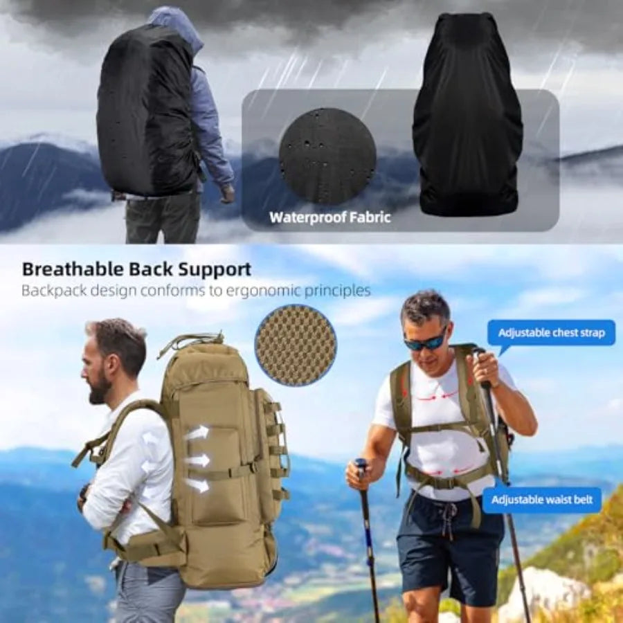 70L/100L Camping Hiking Backpack with Rain Cover, Expandable Large Military Tactical Backpack, Waterproof Molle Racksack Travel